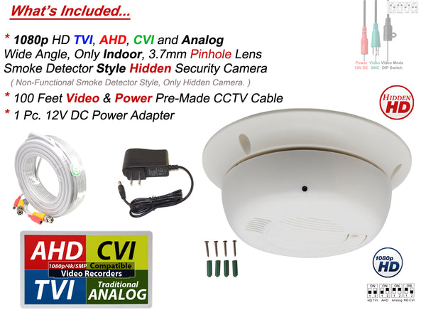 1080P HD TVI, AHD, CVI AND ANALOG, Indoor 3.7mm Fixed Iris Wide Angle smoke detector style hidden security camera with power adapter and 100ft cable